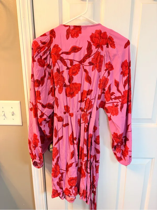 Olivaceous Pink Wrap Dress with Red Floral Print - Image 2