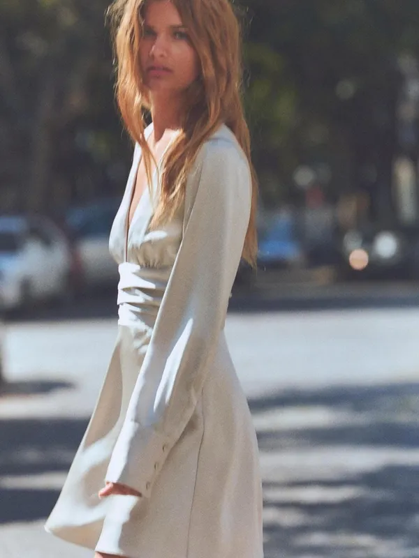 Zara Ivory Satin V-Neck Long Sleeve Mini Dress - Image 3