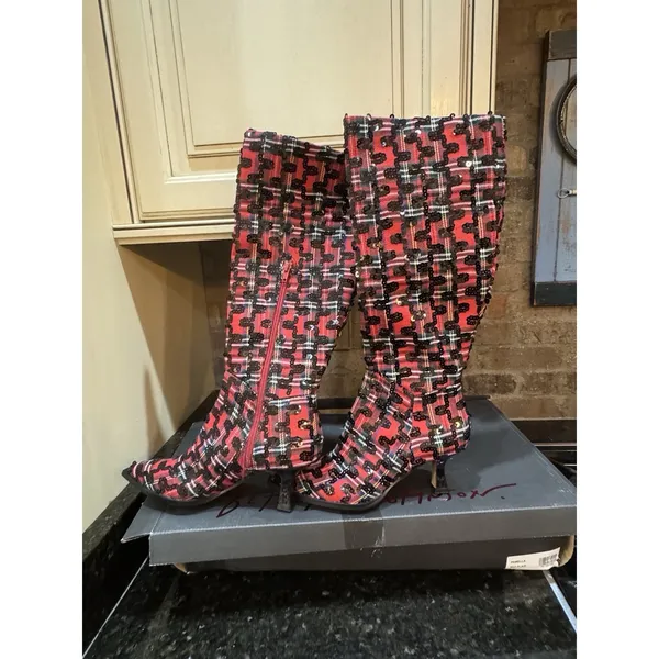 Betsey Johnson Women's Pamella Red/Black Plaid Sequin Knee High Boots Size 7.5 - Image 5