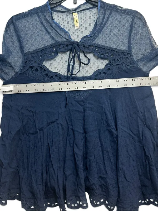 Free People Navy Blue Sheer Lace Eyelet Long Sleeve Boho Blouse Top Size M - Image 5
