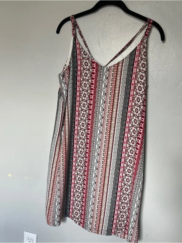 Pink Rose Striped Boho V-Neck Spaghetti Strap Dress - Red, Brown, Gray - Image 3