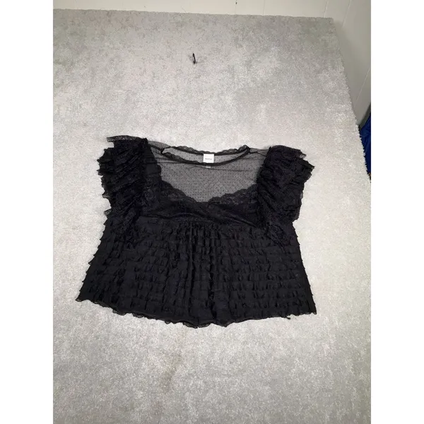 Maeve Anthropologie Black Ruffled Tulle Lace Blouse Sheer Polka Dot Mesh Top L - Image 5