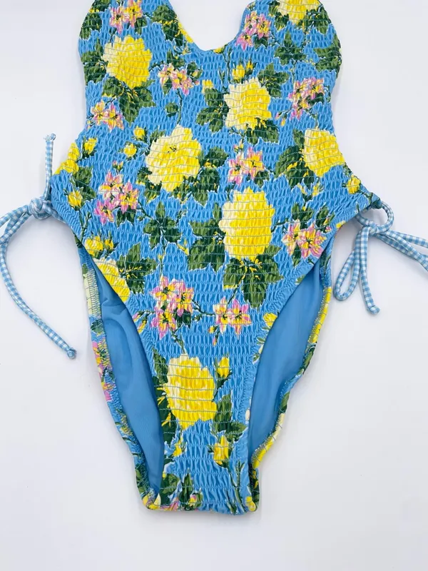 Aerie Smocked Plunge One Piece Swimsuit Size Small Blue Yellow Floral Beachy - Image 7