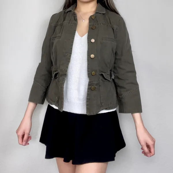 Dark Olive Green Three-Quarter-Sleeve Button-Up Fitted Field Jacket - Image 3