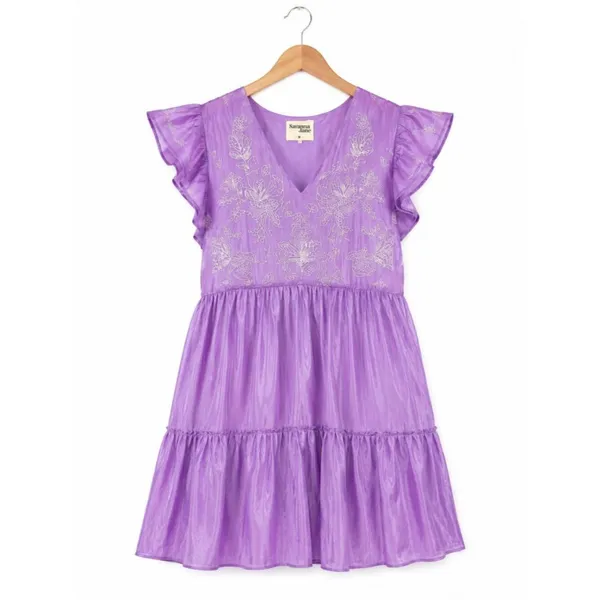 Savanna Jane Embroidered Tiered Mini Iridescent Dress Purple Flutter Sleeve M - Image 2