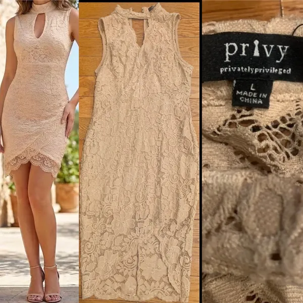 Privy floral nude lace choker neck/an asymmetrical tulip hemline bodycon dress L - Image 2
