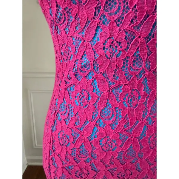 NWT Trina Turk Strapless Bodycon Mini Dress Hot Pink Lace Turquoise Lining Dress - Image 4