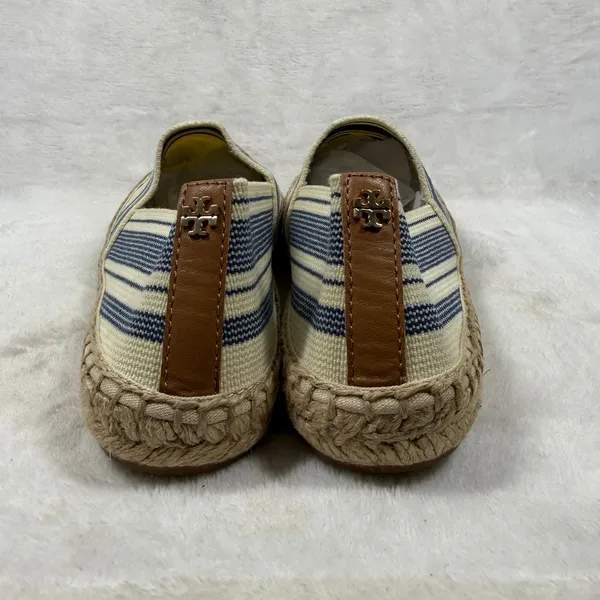 Tory Burch Striped Canvas Espadrille Flats Cream Blue Brown Slip On Shoes 9 - Image 4