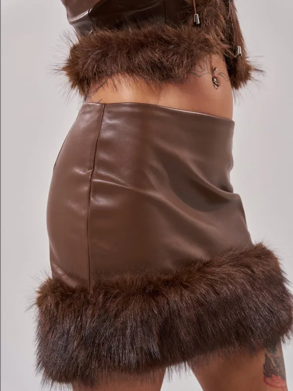 Akira Brown Faux Leather Mini Skirt with Fur Trim - Women - Image 8