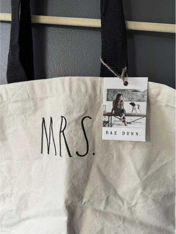 Rae Dunn Canvas Tote Bag with MRS. Print and Black Handles - Image 3