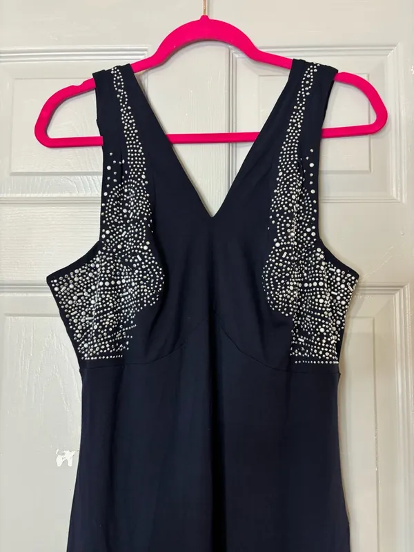 Vintage Cache Women's Evening Dress Navy Blue Maxi Beaded Chest XL Stretch Rayon - Image 5