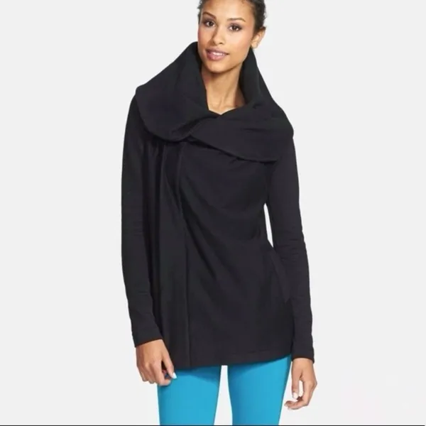 Beyond Yoga Black Fleece Jacket Womens S Shawl Collar Open Drape Cardigan Coat - Image 3