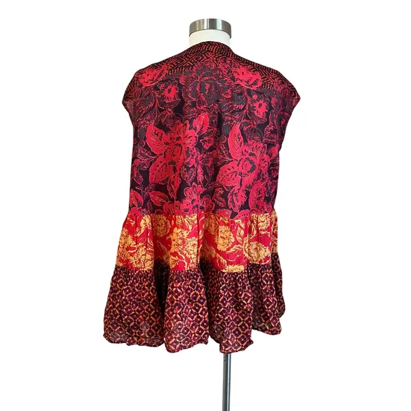 Free People Boho Red Warm Tones "Gotta Have‎ You" Tiered Tunic Blouse Size XS - Image 5