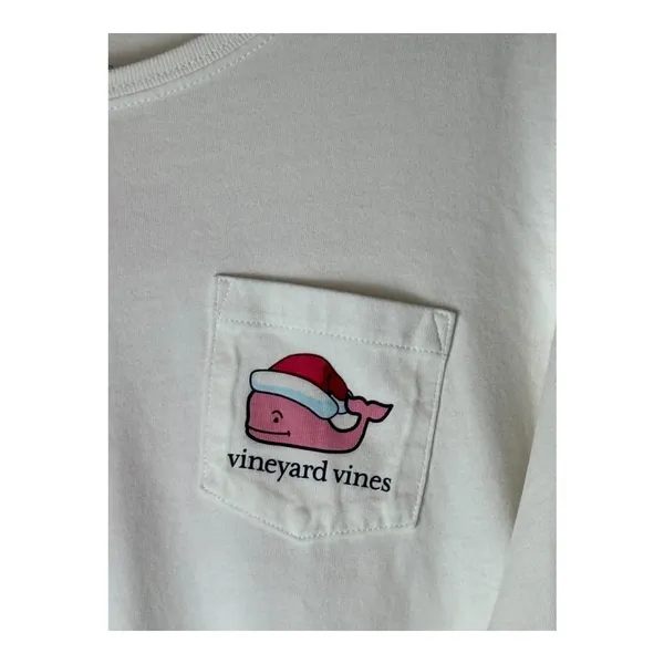 Vineyard Vines Shirt‎ Women Medium White Long Sleeve Christmas Whale Pocket Tee - Image 6