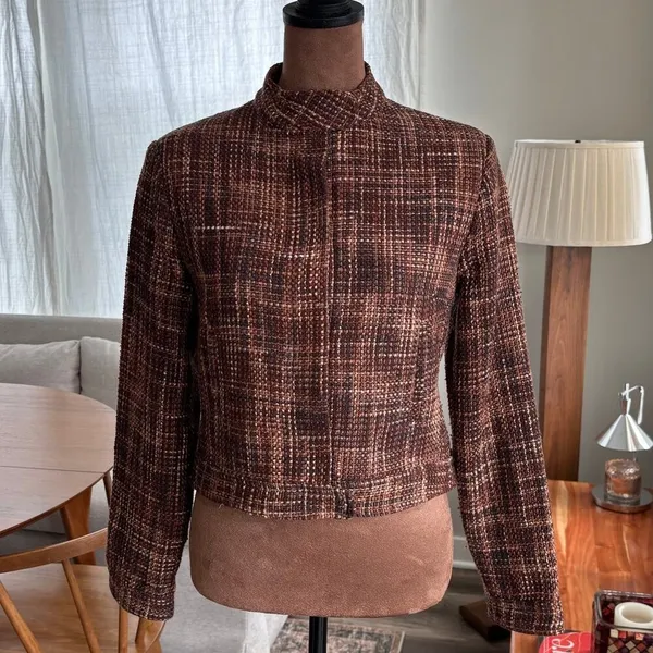 90s Vintage Carole Little Silk Tweed Mock Neck Crop Jacket Brown Petite Small - Image 16