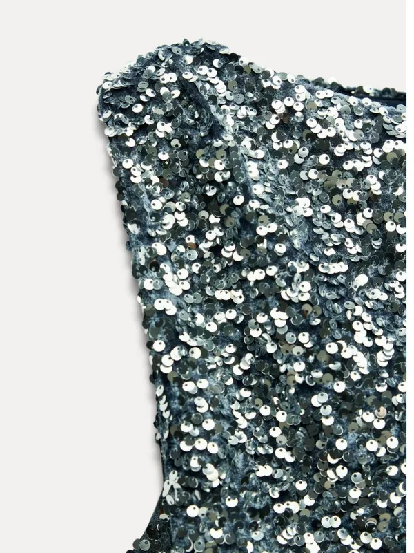 NWT ZARA SEQUINED Asymmetric MINI DRESS Navy Silver Festive Days - Image 10