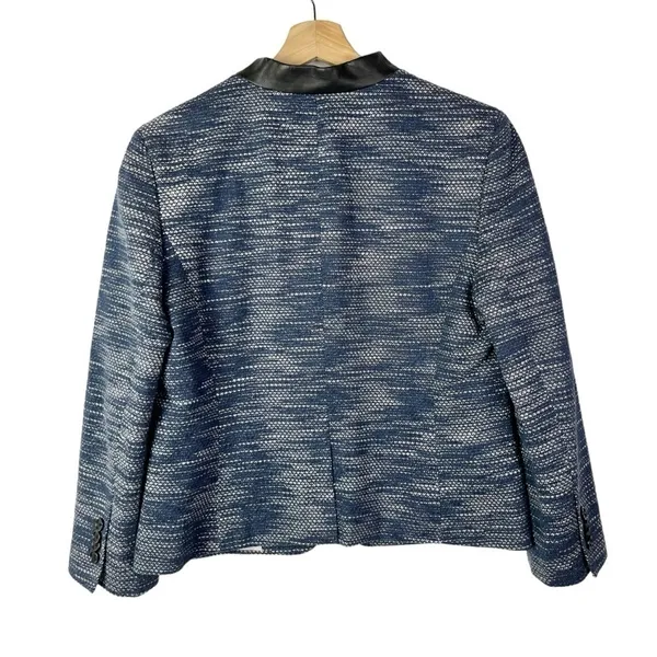 Ann‎ Taylor Navy Blue Tweed Faux Leather Blazer Jacket 8 - Image 2