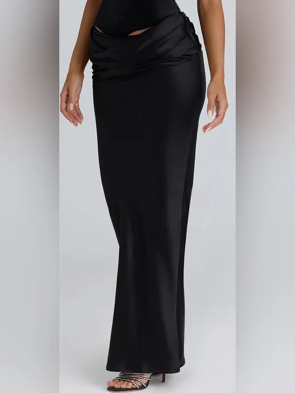 NEW HOUSE OF CB Beau Draped Black Satin Maxi Skirt Sz L - Image 3