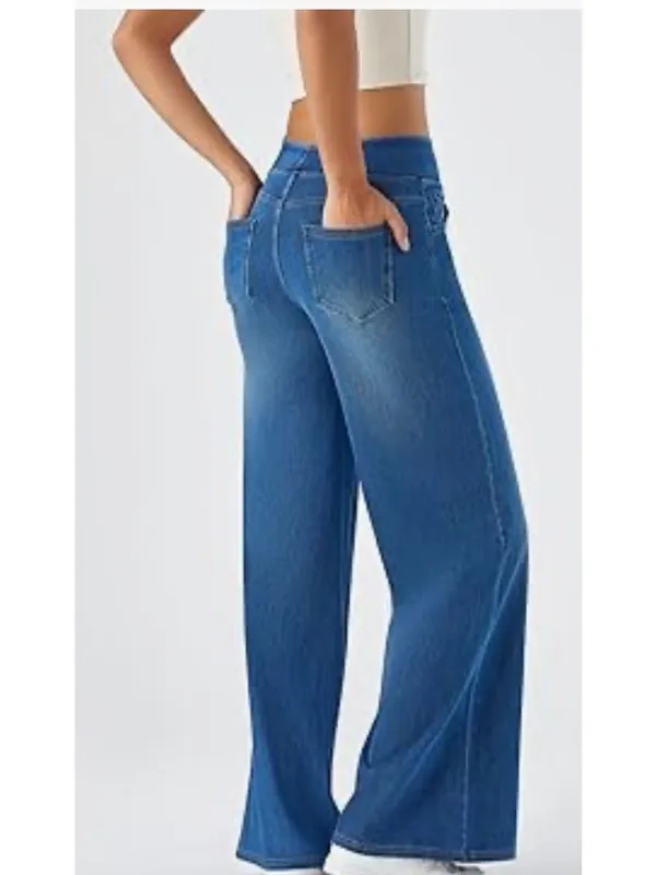 Halara M Wide Leg Denim Pants Elastic Waistband Blue Wash Womens M Comfortable S - Image 2