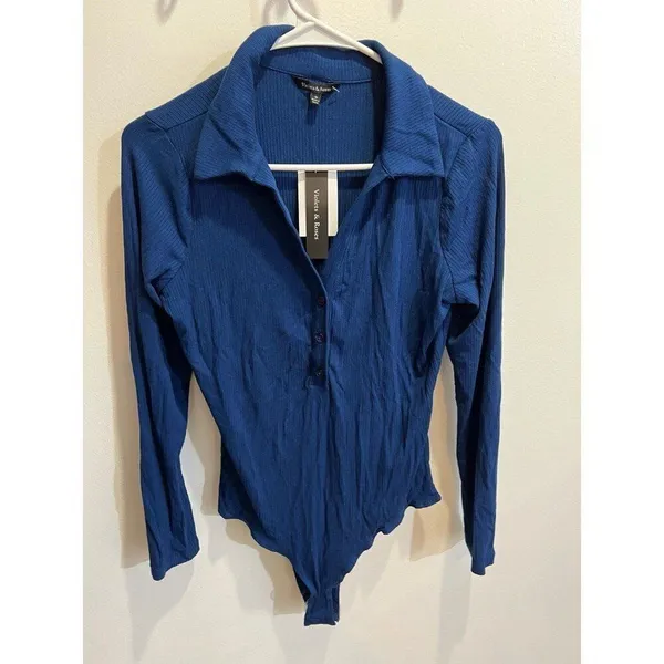 Violets & Roses NWT Women Small Blue Ribbed Knit Long Sleeve Bodysuit Fall Chic - Image 3