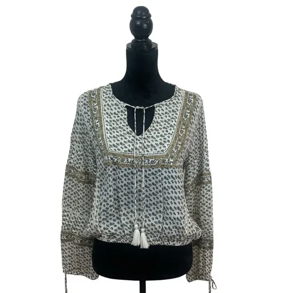 Amuse Society‎ Women's S White Floral Boho Tassel Peasant Bloomcore Blouse - Image 2