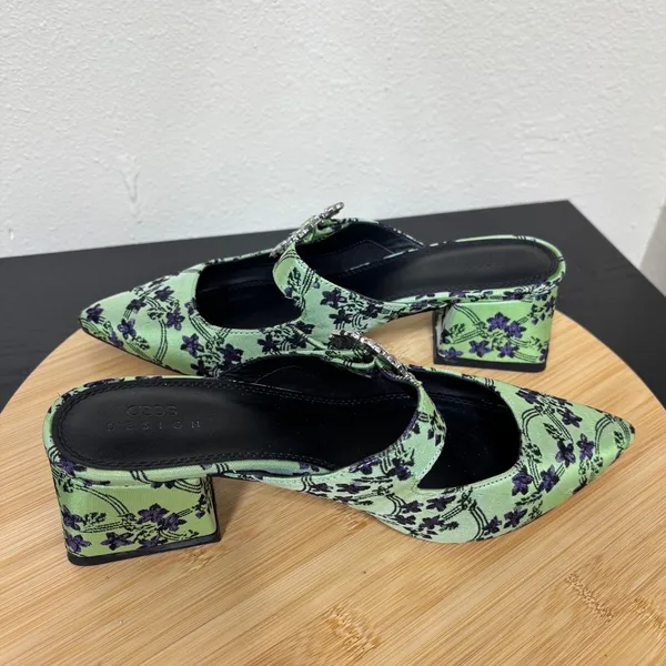 ASOS DESIGN Mules 8 Floral Green Rhinestone Buckle‎ Block Heel Pointed Toe - Image 8