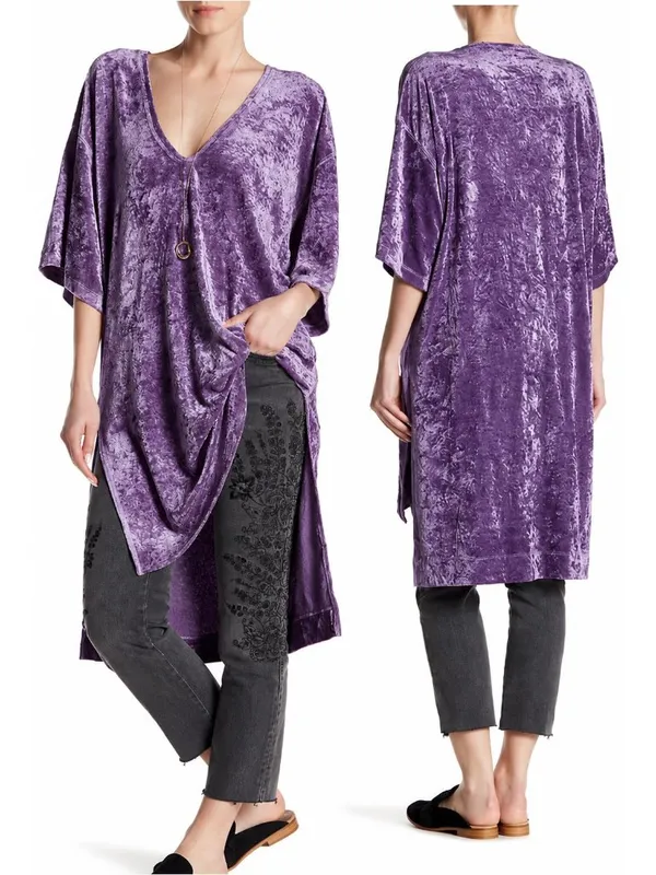 Free People We The Free Luxe Purple Crushed Velvet Oversized Tunic Dress Size L Boho - Image 2