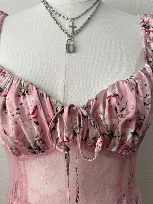 Forever 21 Size L Lace-Trim Midriff Panel Satin Floral Maxi Dress Cap Sleeves - Image 4
