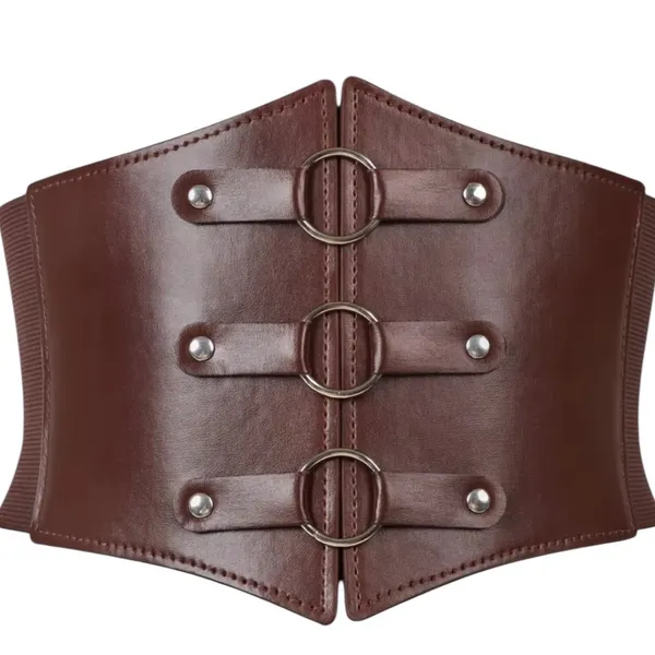Brown snap in back wide belt with silver ring strap design - Image 3