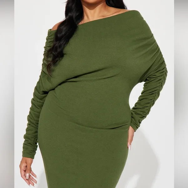 Off Shoulder Sweater Maxi Dress - Green/2X - 18/20 - Image 3