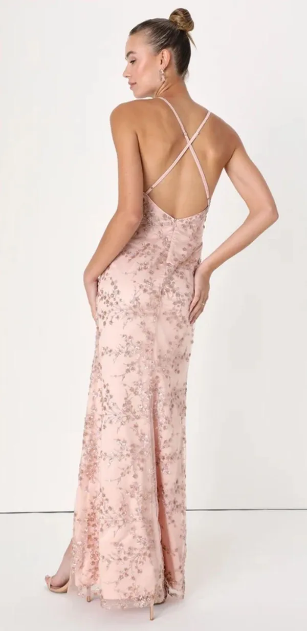 Lulus Blissful Blossoms Blush Pink Sequin Backless Maxi Dress - Image 3