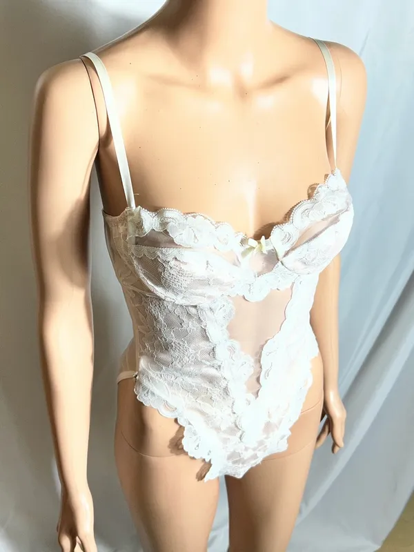 E Bole White Lace Bodysuit Sheer Mesh Lingerie Teddy Adjustable Straps S - Image 2
