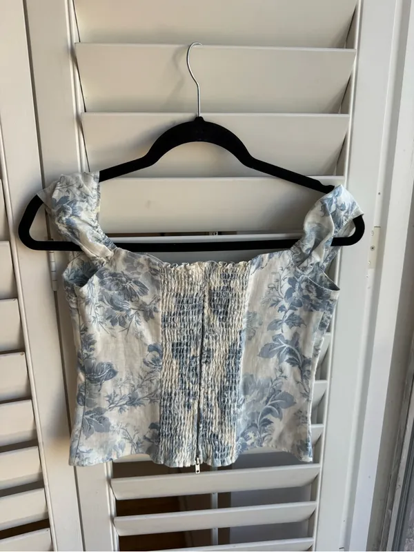 Reformation Eden Off-Shoulder Top in Cream and Blue Floral - Image 7