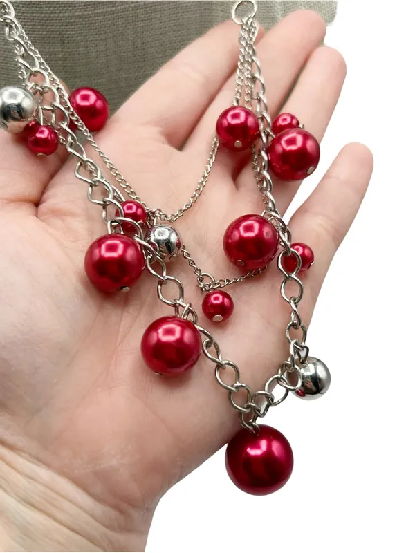 Red, Blue & Green Chunky Faux Pearl Necklace & Bracelet Jewelry Lot - Image 11