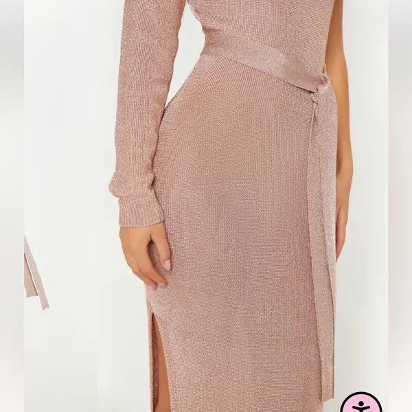 Nwt Plt Rose Gold Metallic Knitted One Shoulder Dress S - Image 5