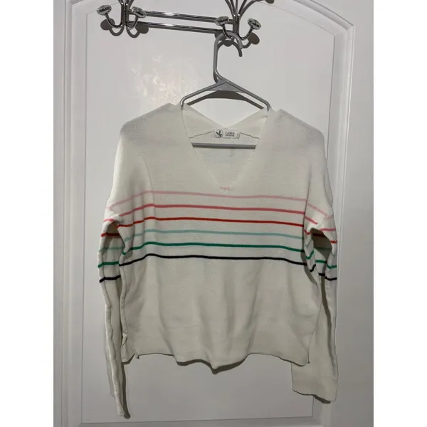 Carve Designs Womens Organic Cotton‎ V-Neck Striped Sweater Cream Multi Large - Image 2
