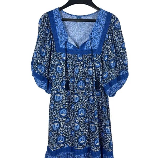 Old Navy Blue Boho Peasant Dress Women L Floral Tassel Cottagecore Festival - Image 2