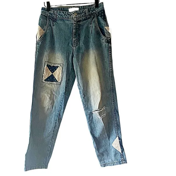 Free People We The Free Size 26 Down‎ to Earth Patchwork Jeans Light Wash Distressed - Image 2