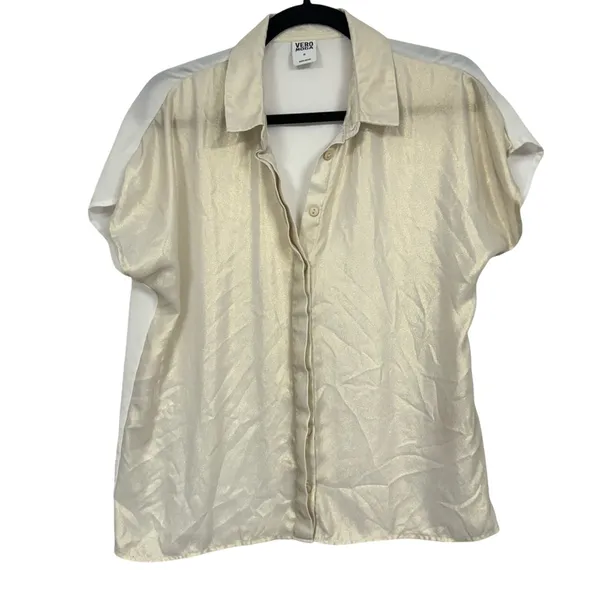 Vero Moda Gold Sparkle Short Sleeve Button Down Shirt Womens M Boxy Fit Slouchy - Image 2