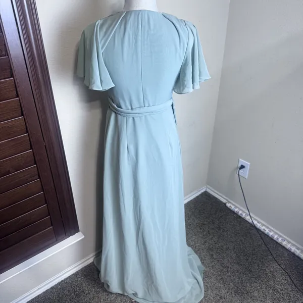 Azazie Zaniah bridesmaid dress Sea Glass green wrap chiffon flutter sleeve A4 - Image 5