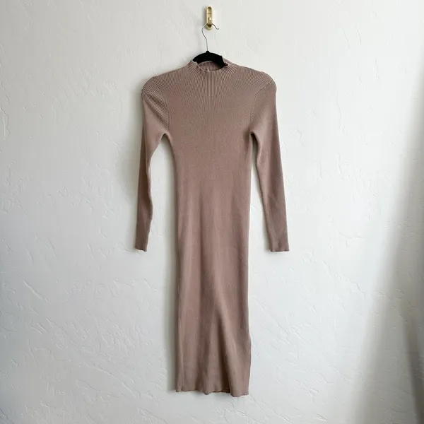 Denim‎ Forum | Aritzia Ribbed Knit Mock Neck Midi Bodycon Dress in Tan Size Med - Image 4