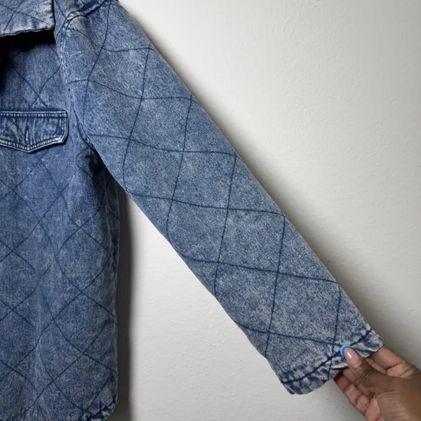 Vigoss Womens Cotton Denim Jacket L Blue Quilted Acid‎ Wash Shacket Western Boho - Image 7