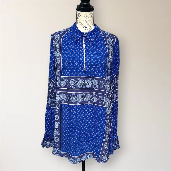 Free People Changing‎ Time True Blue Floral Long Sleeve Tunic Top M Boho Peasant - Image 3