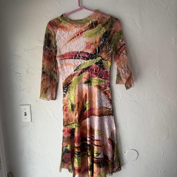 LINDI Dress Womens‎ Small Mesh Sheer Crinkle Boho Y2k Flare Sleeve Retro - Image 10