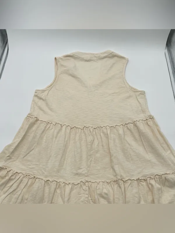 LUSH Sleeveless Notched V-neck Tiered Ruffle Cotton Mini Dress Sz Small Cream - Image 5