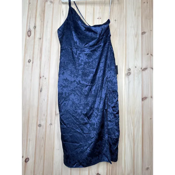 Lulus Desirable Dream Navy Blue Satin Jacquard Halter Neck Dress Party Large - Image 2