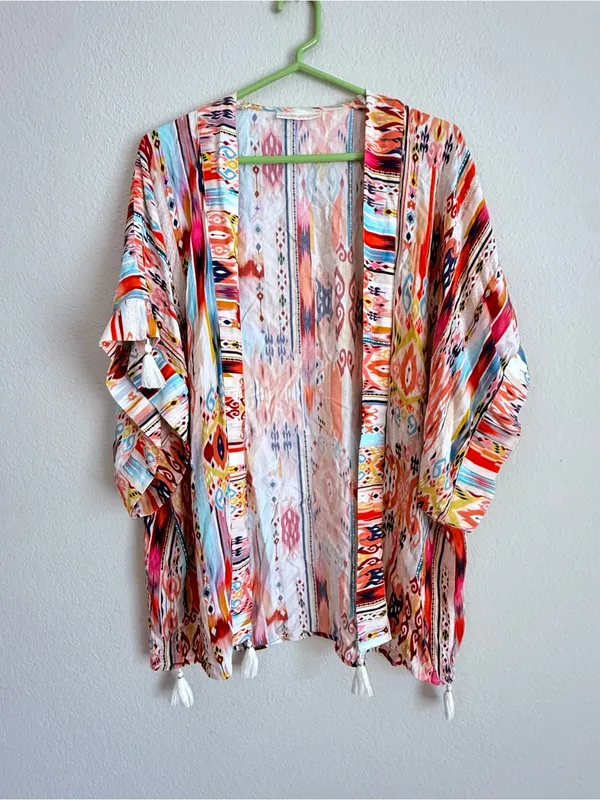 La Blanca Open Front Swim Cover Up Kimono One Size Tassel Colorful Beach Resort - Image 2