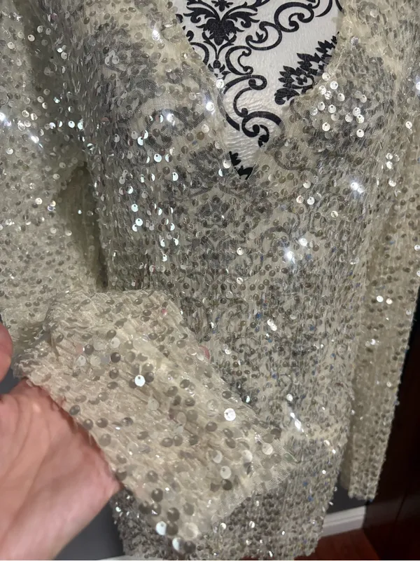 ZARA Ivory Sequin V-Neck Long Sleeve Mini Dress - Image 3