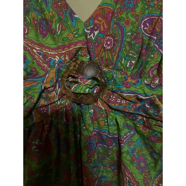 100% Cotton Paisley Mini Dress Green Boho V-Neck Wooden Ring Womens M western‎ - Image 2