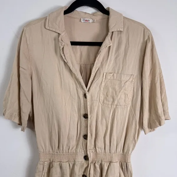 Faherty Arlie Day‎ Tan Linen Blend Button Front Short Sleeve Romper Size Small - Image 6